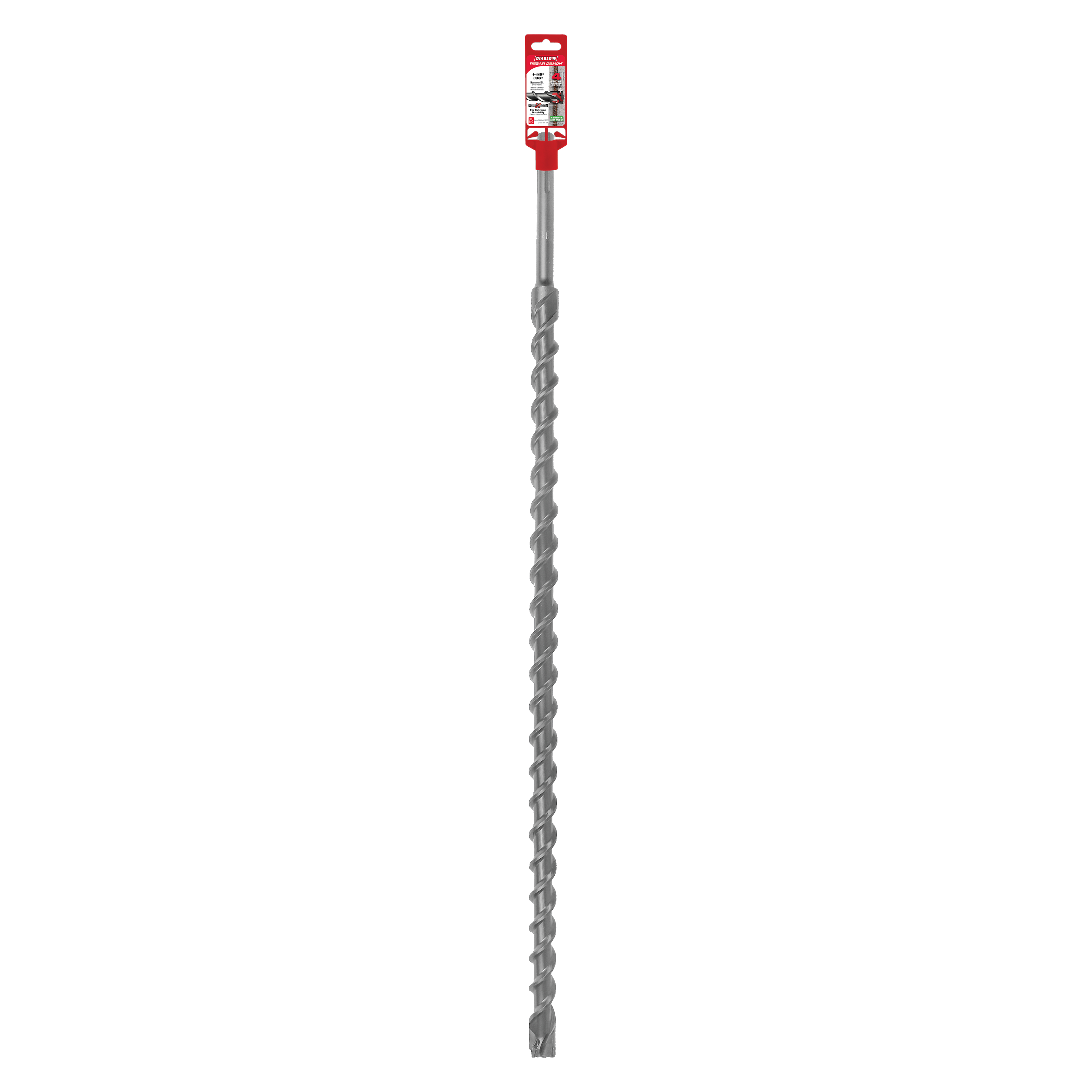 Long metal SDS-Max hammer drill bit with spiral flutes and red packaging label at top.