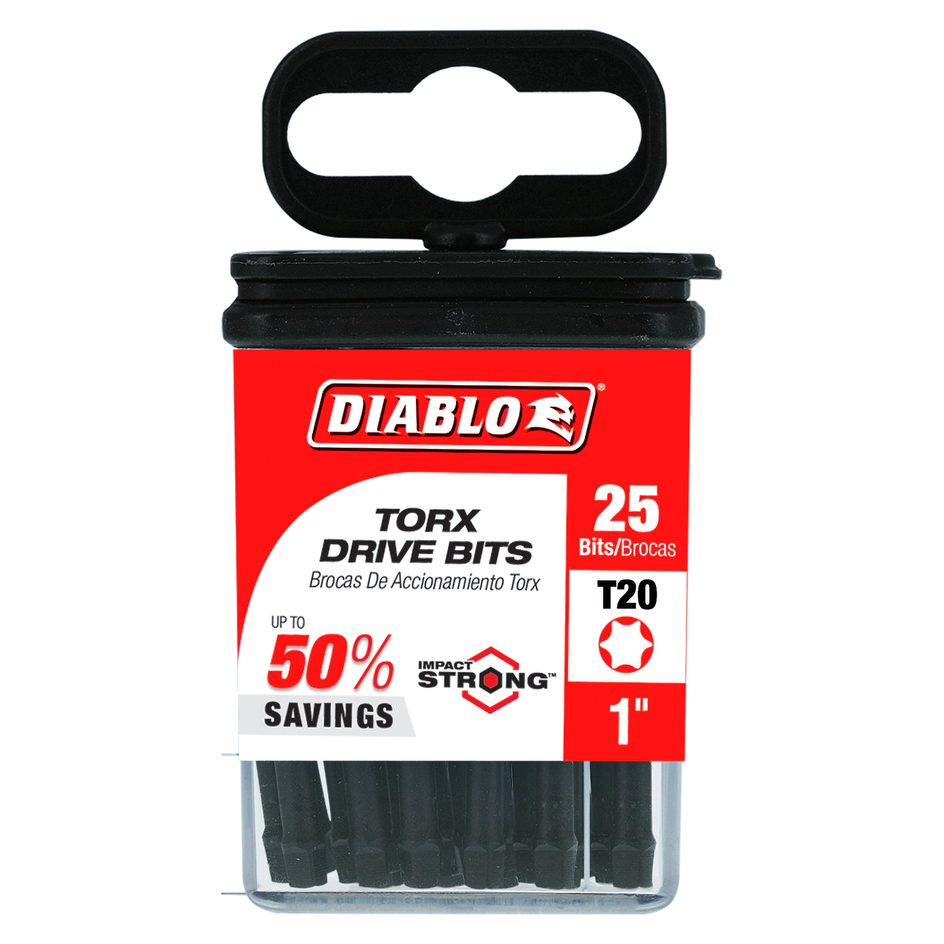 Diablo 25-pack of black T20 Torx drive bits, 1 inch long, in clear plastic container with red and black packaging.
