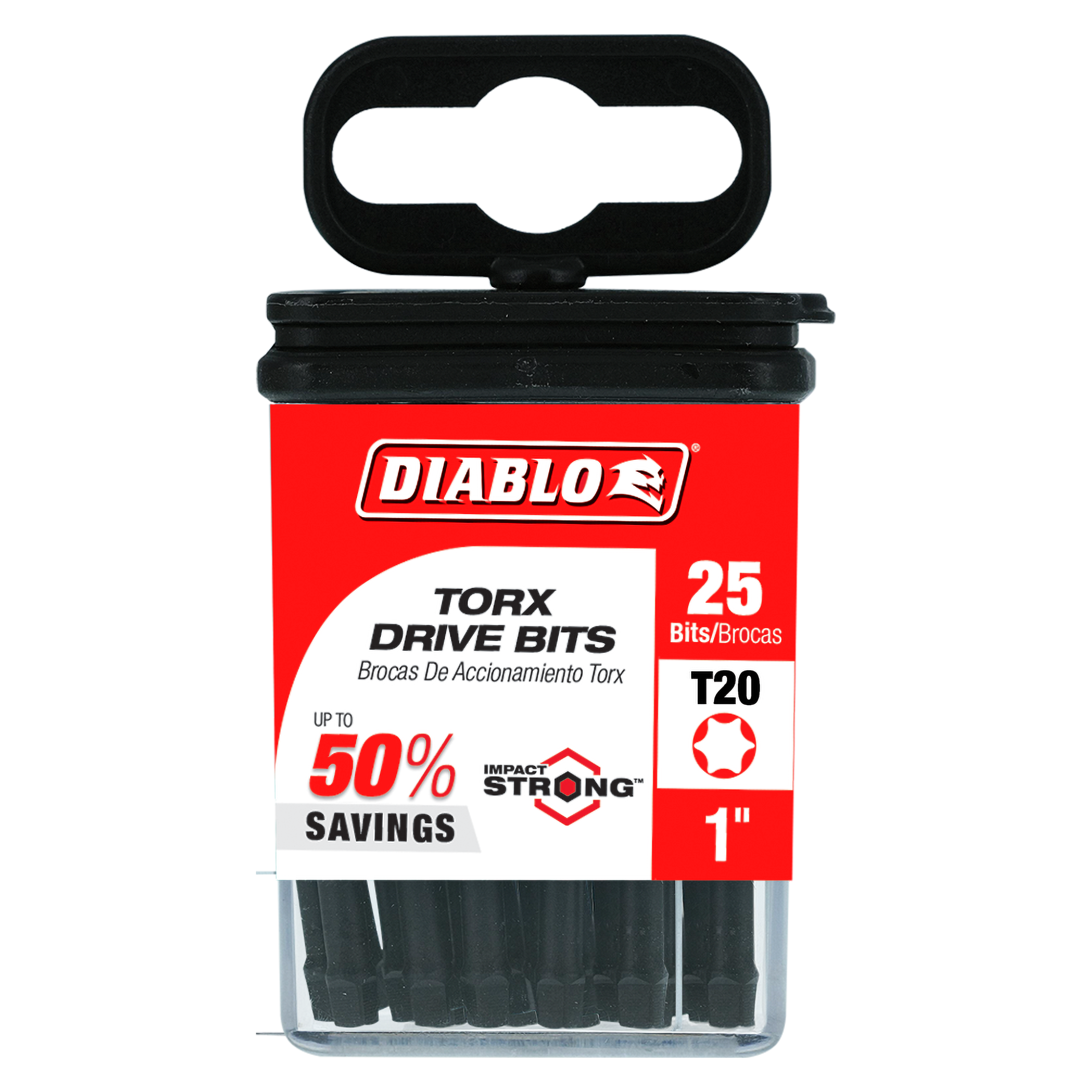 Diablo 25-pack of black T20 Torx drive bits, 1 inch long, in clear plastic container with red and black packaging.