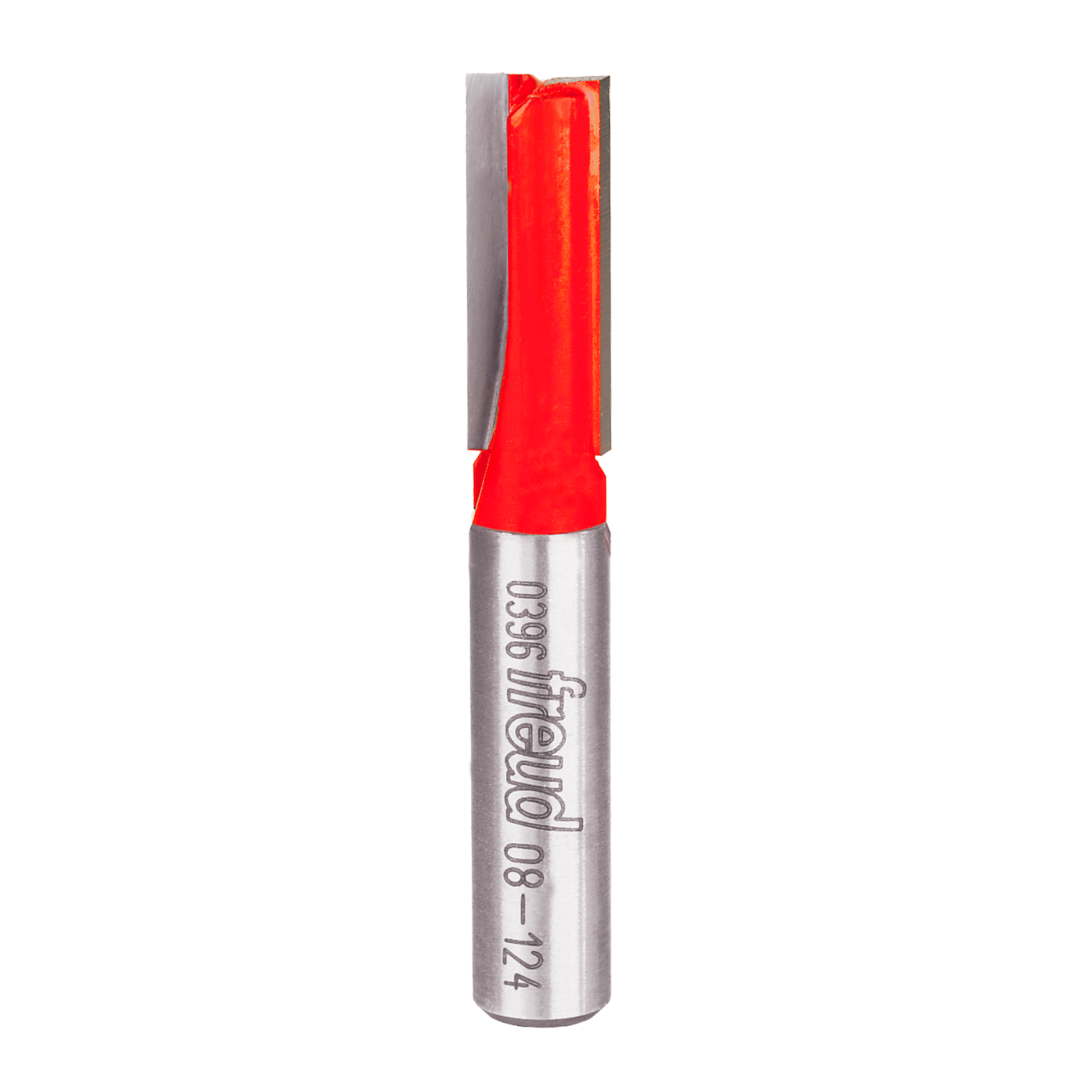 Freud router bit with red cutting head and silver metal shank, labeled on side.