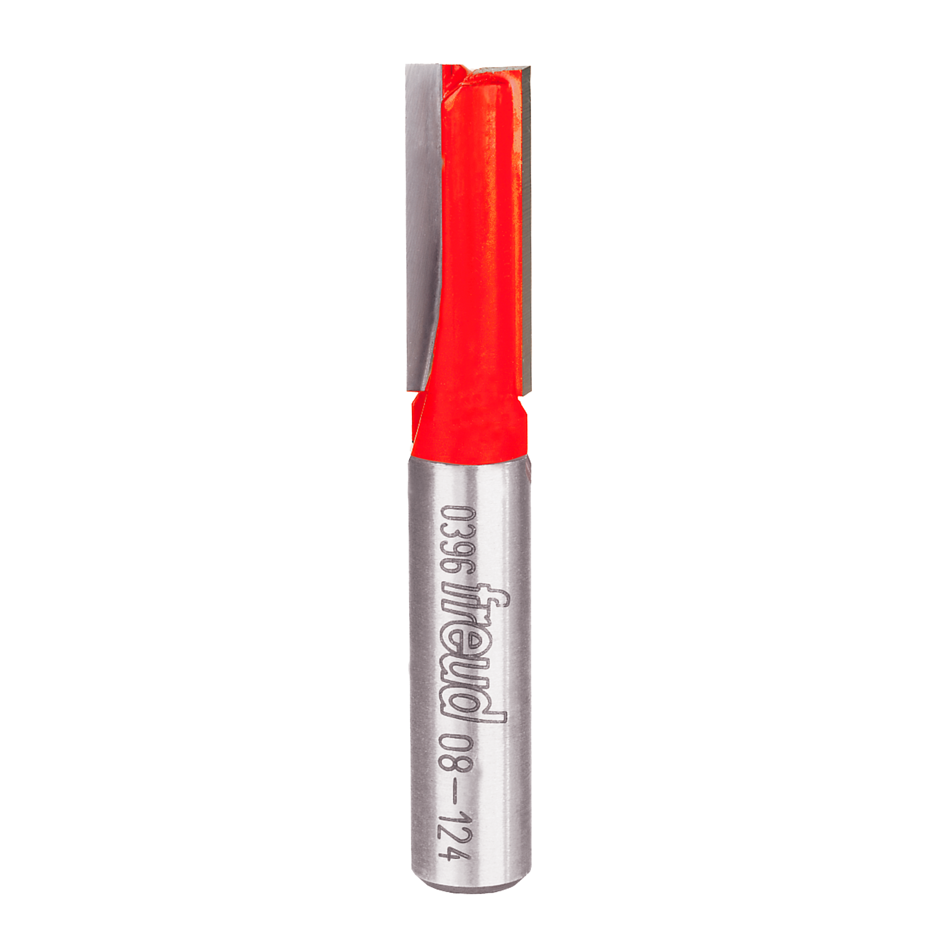 Freud router bit with red cutting head and silver metal shank, labeled on side.