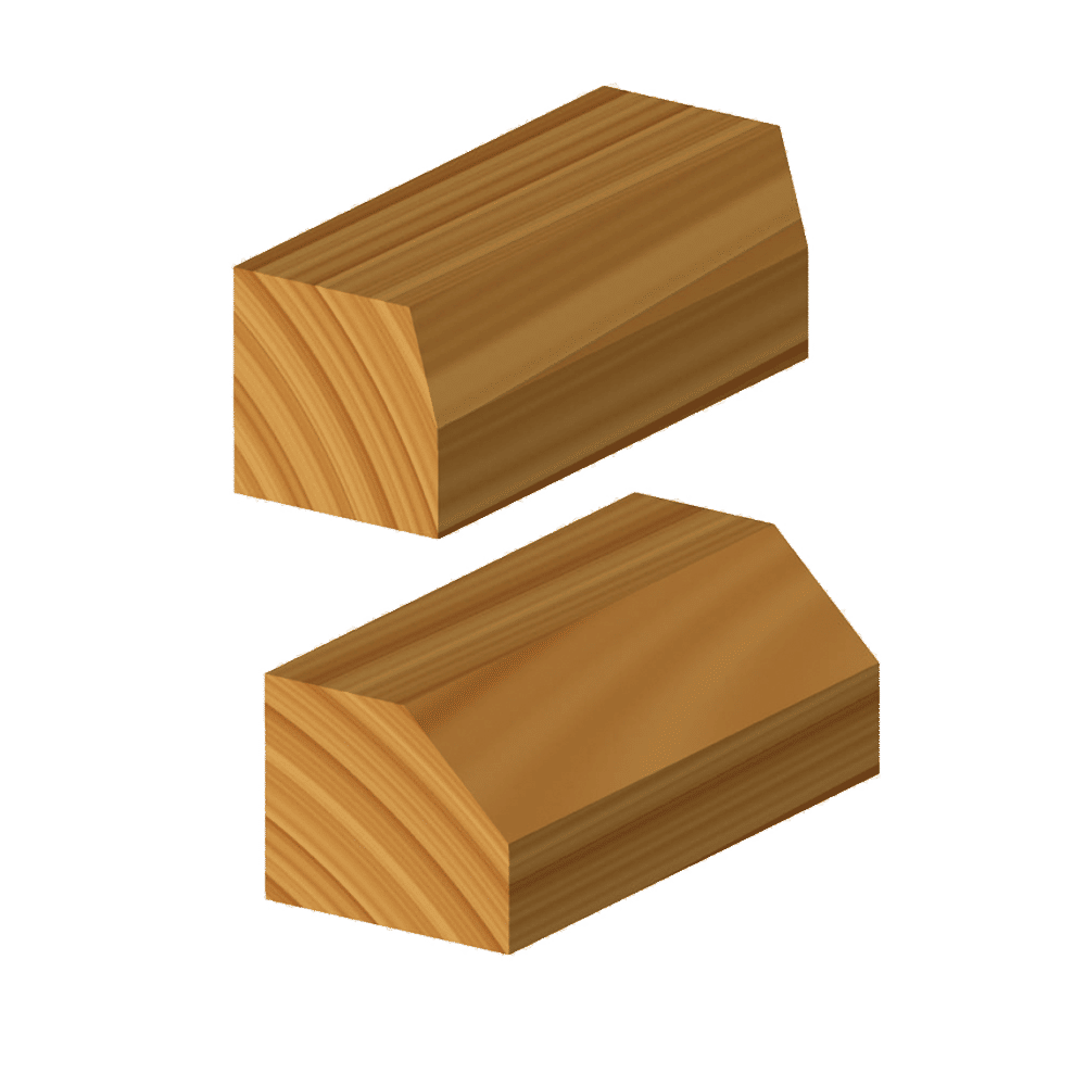 Two wood samples showing angled chamfered edges created by the router bit on top and bottom surfaces.