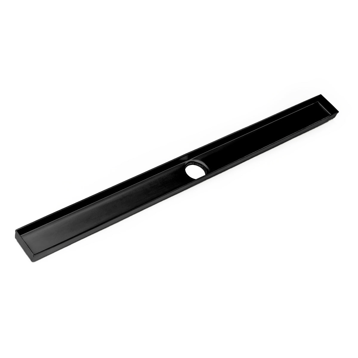 Matte black linear drain channel with rectangular trough design and circular outlet opening.