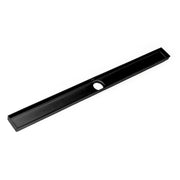 Matte black linear drain channel with rectangular trough design and circular drainage opening.