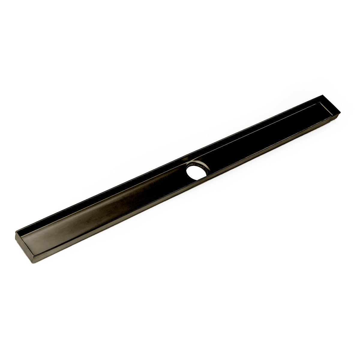 Oil rubbed bronze linear drain channel with slotted opening and circular outlet, 32 inches long.