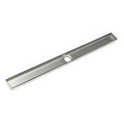 Polished stainless steel linear drain channel with single circular outlet, 36 inches long.