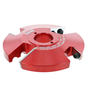 Red router cutter head with two cutting profiles on opposite sides and adjustment knobs.