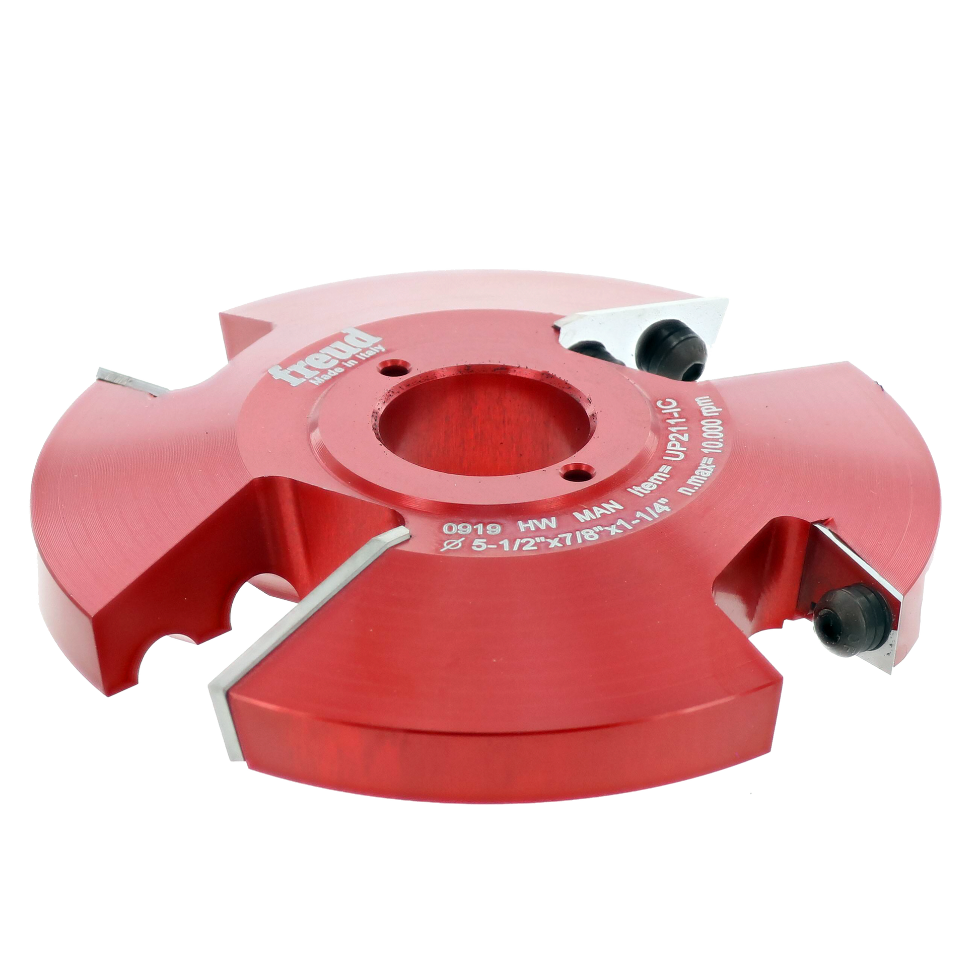 Red router cutter head with two cutting profiles on opposite sides and adjustment knobs.