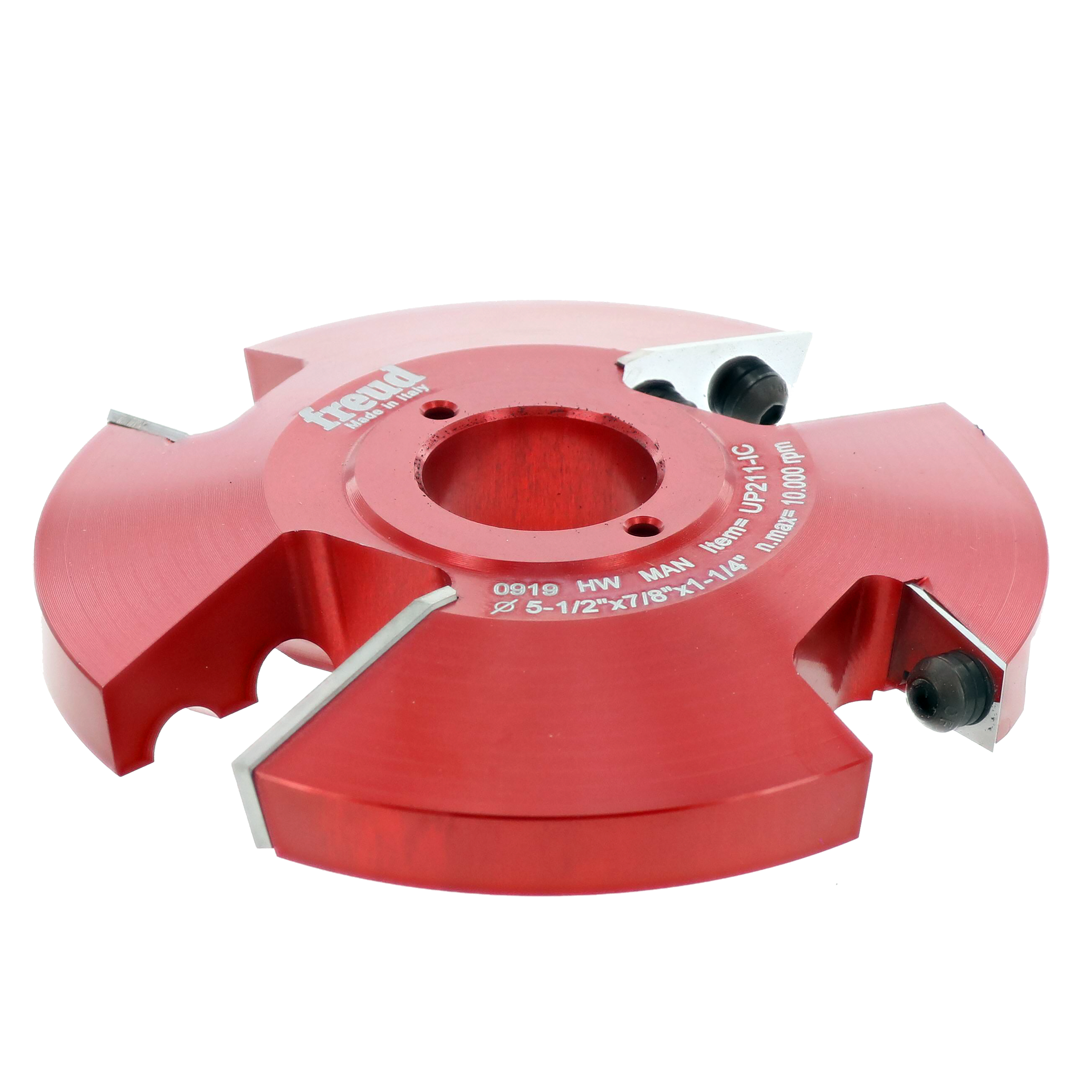 Red router cutter head with two cutting profiles on opposite sides and adjustment knobs.