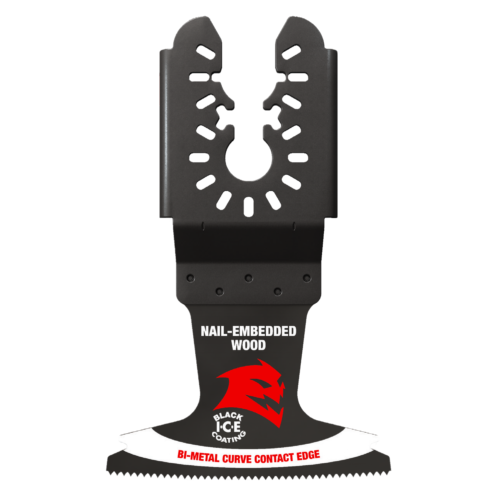 Black bi-metal oscillating blade with serrated cutting edge and universal mounting slots for multi-tool attachment.