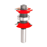Router bit with red cutting heads and silver shank, featuring variable corner round design with adjustable curved profiles.