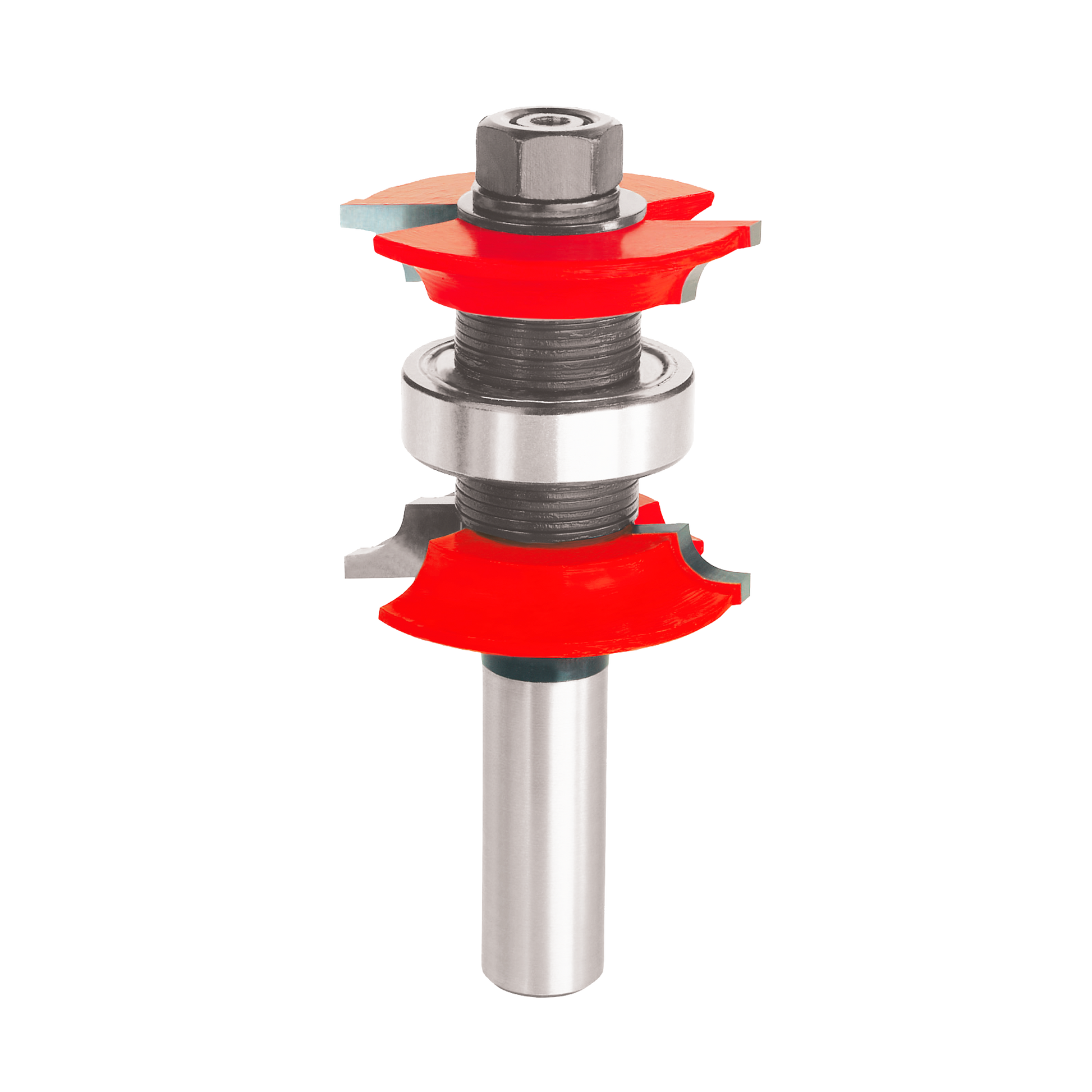 Router bit with red cutting heads and silver shank, featuring variable corner round design with adjustable curved profiles.