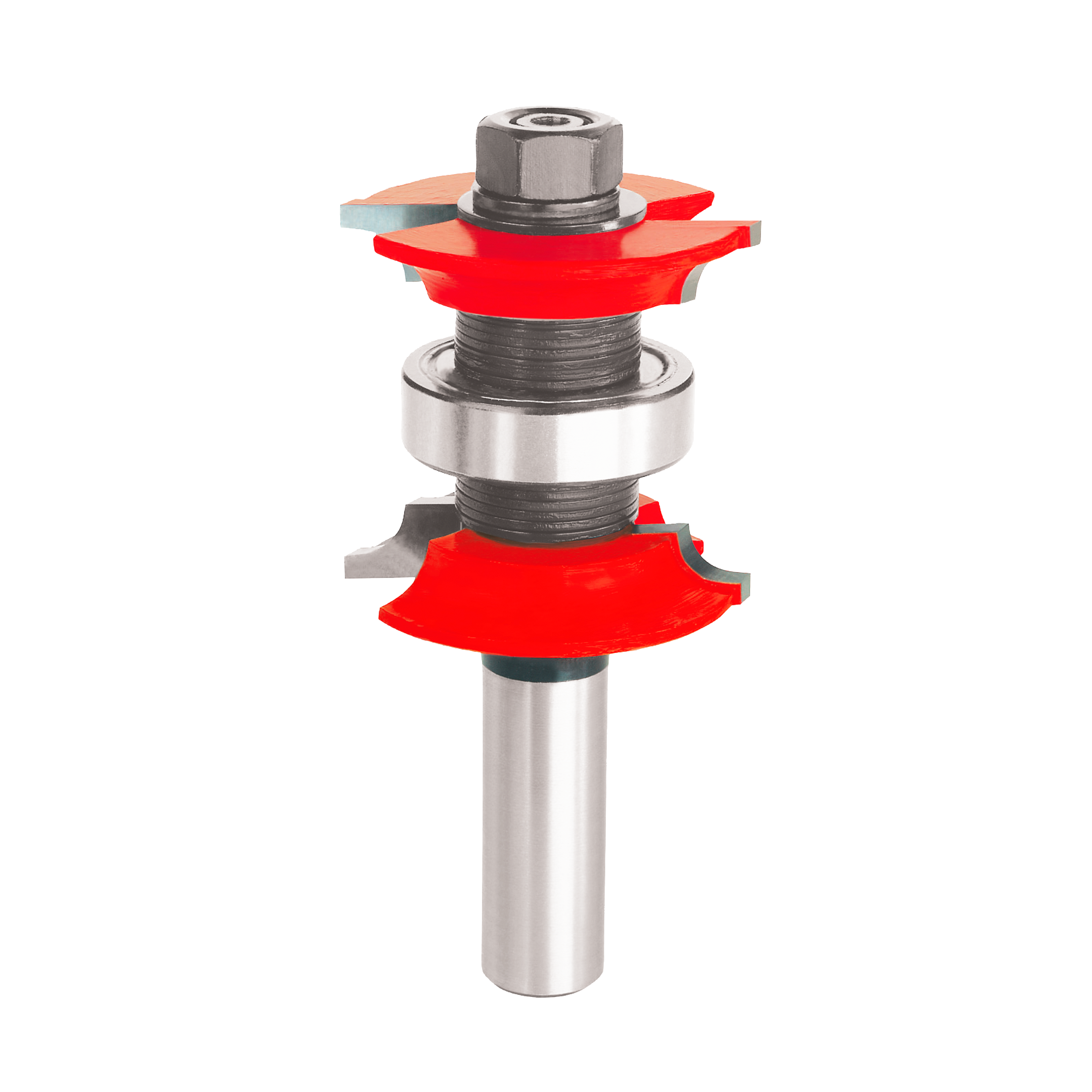 Router bit with red cutting heads and silver shank, featuring variable corner round design with adjustable curved profiles.