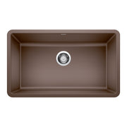 Cafe brown single undermount kitchen sink with rounded corners and chrome drain strainer.