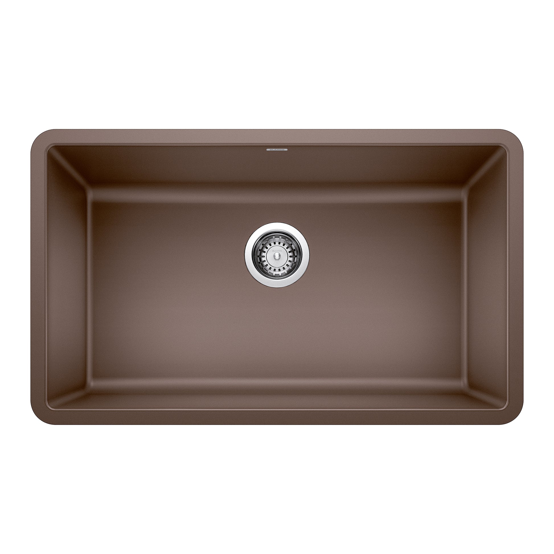 Cafe brown single undermount kitchen sink with rounded corners and chrome drain strainer.