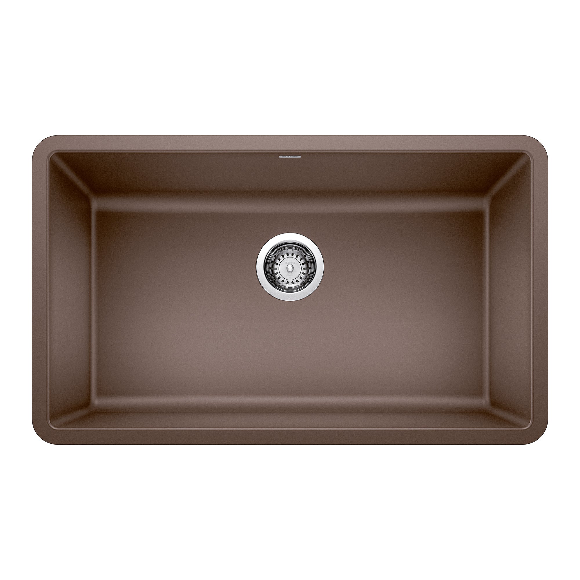 Cafe brown single undermount kitchen sink with rounded corners and chrome drain strainer.
