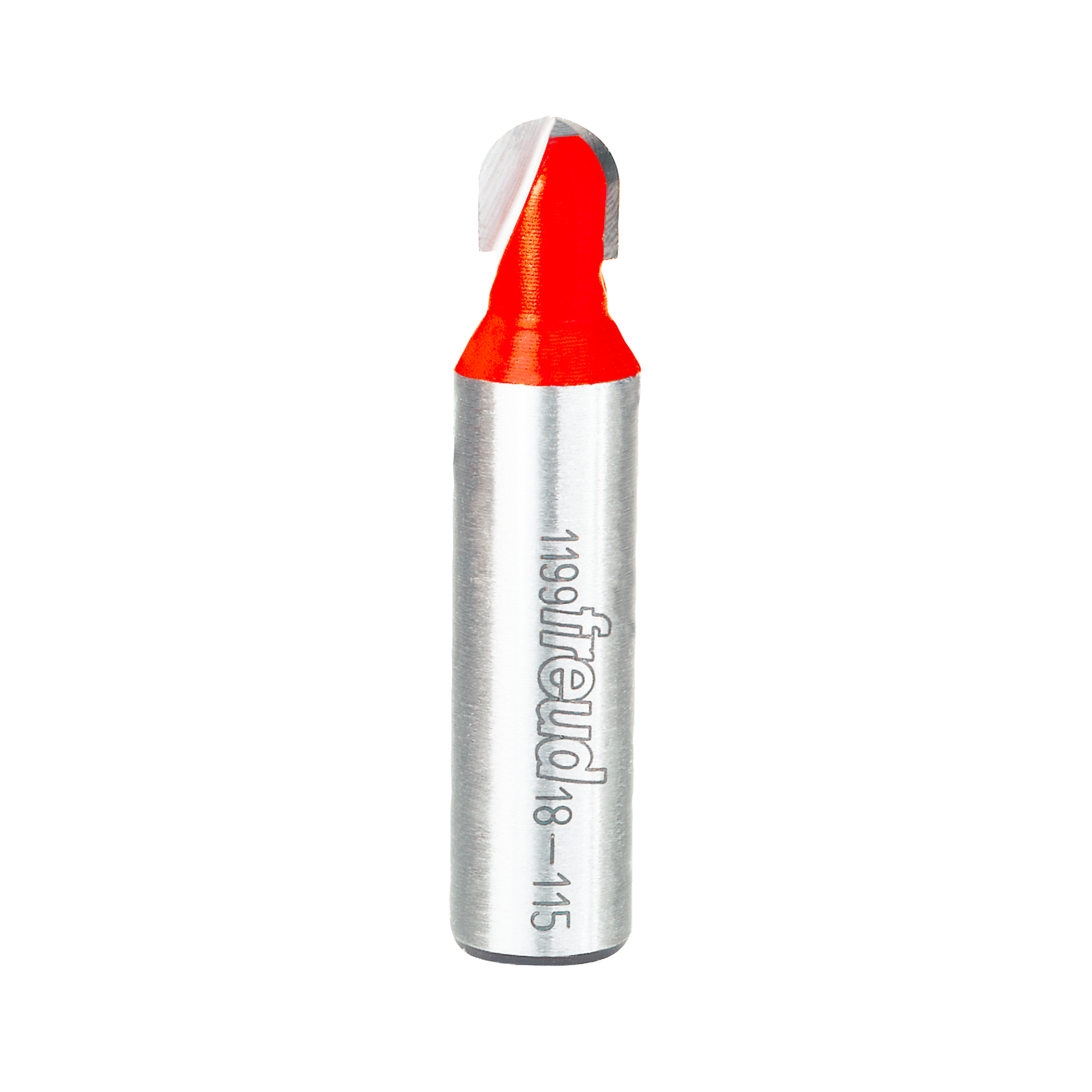 Silver router bit with red round nose cutting head and Freud branding on the shaft.