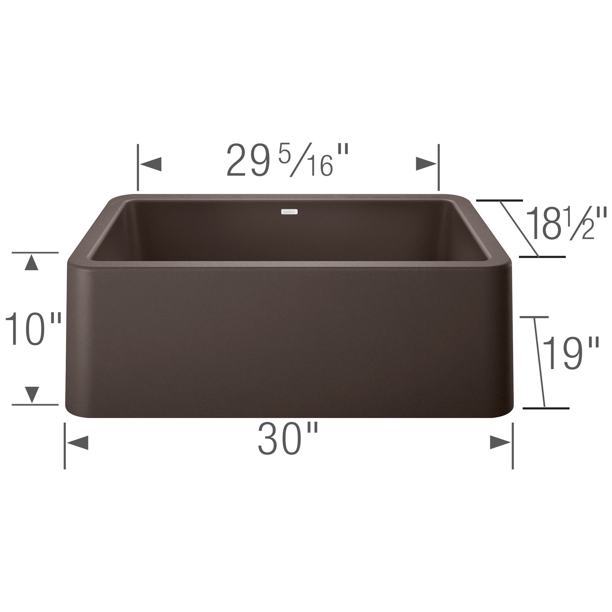 Cafe brown apron front kitchen sink with rounded corners and dimension measurements labeled.
