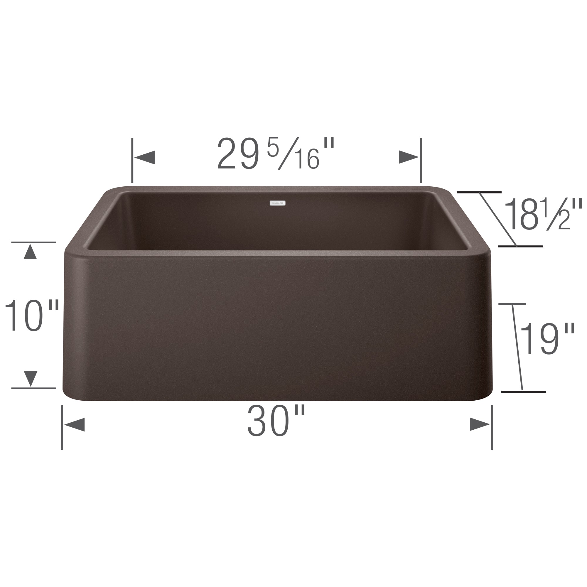 Cafe brown apron front kitchen sink with rounded corners and dimension measurements labeled.