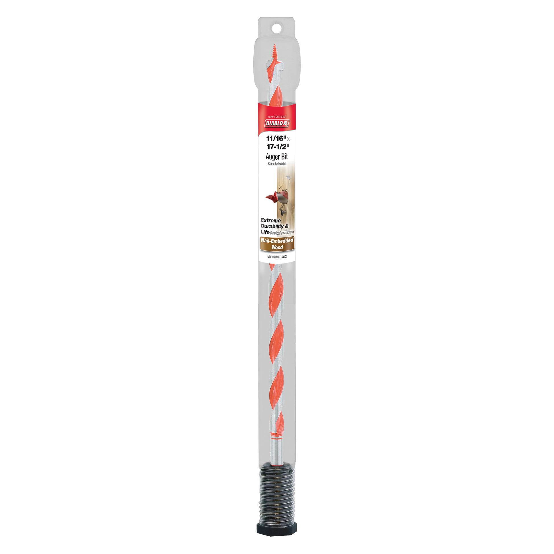 Diablo auger bit with red spiral flutes, gray shaft, threaded base, and product packaging label.