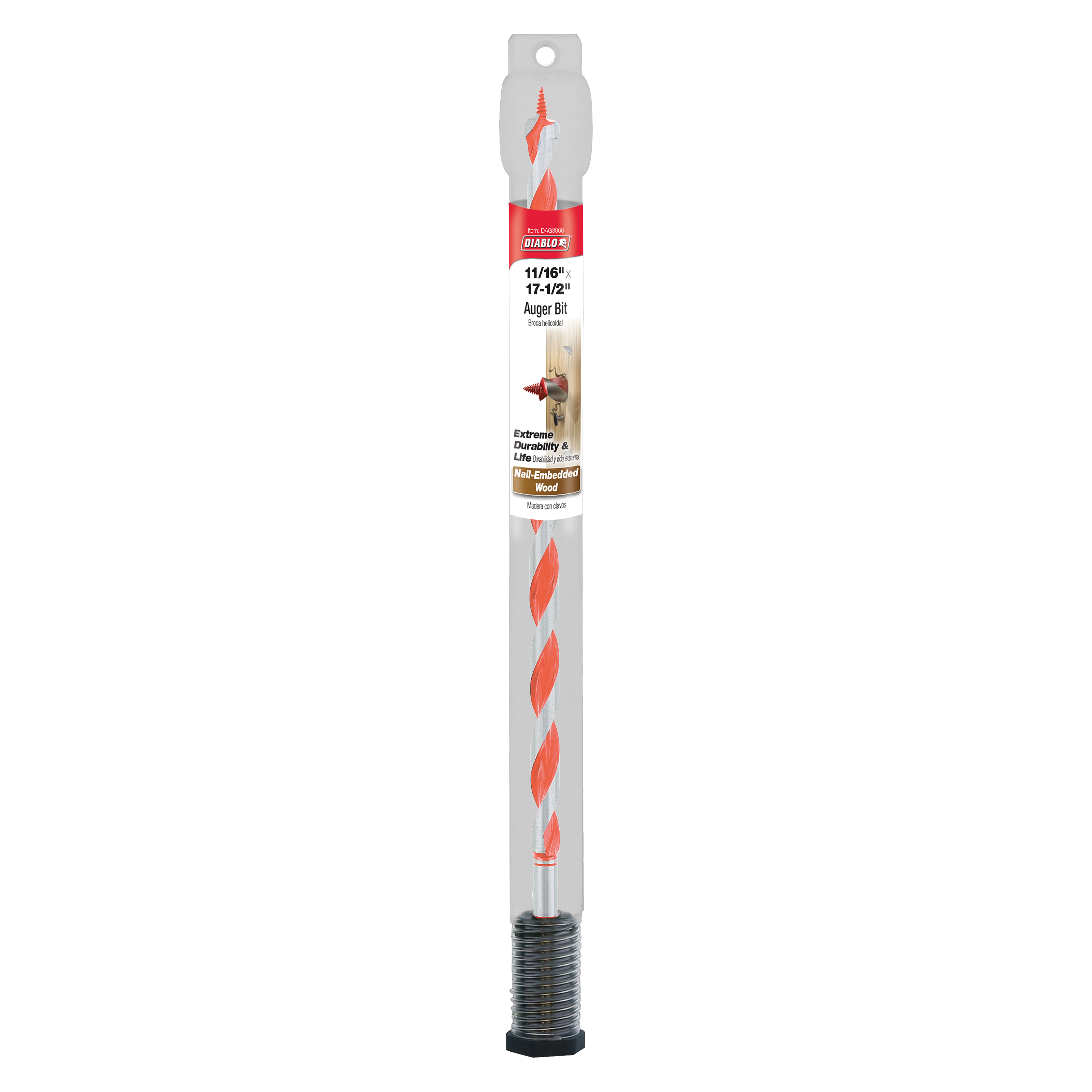 Diablo auger bit with red spiral flutes, gray shaft, threaded base, and product packaging label.