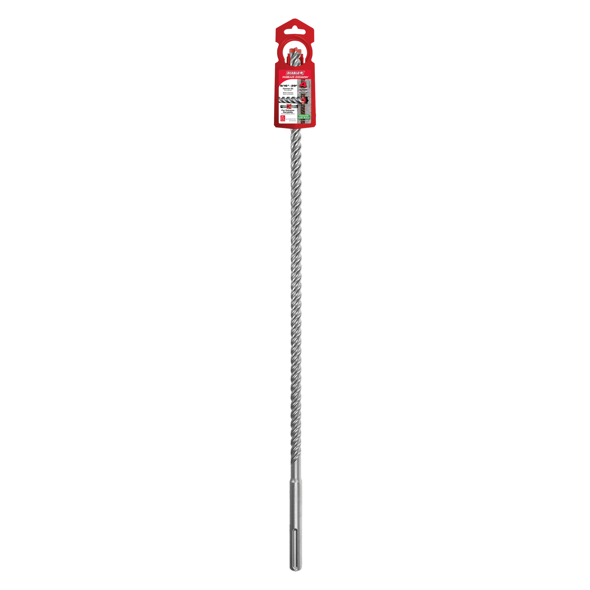 Long SDS-Max hammer drill bit with spiral flutes and carbide head, attached to red packaging tab.