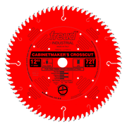 Red circular saw blade with 72 teeth, white cutting edges, and Freud branding on center hub.