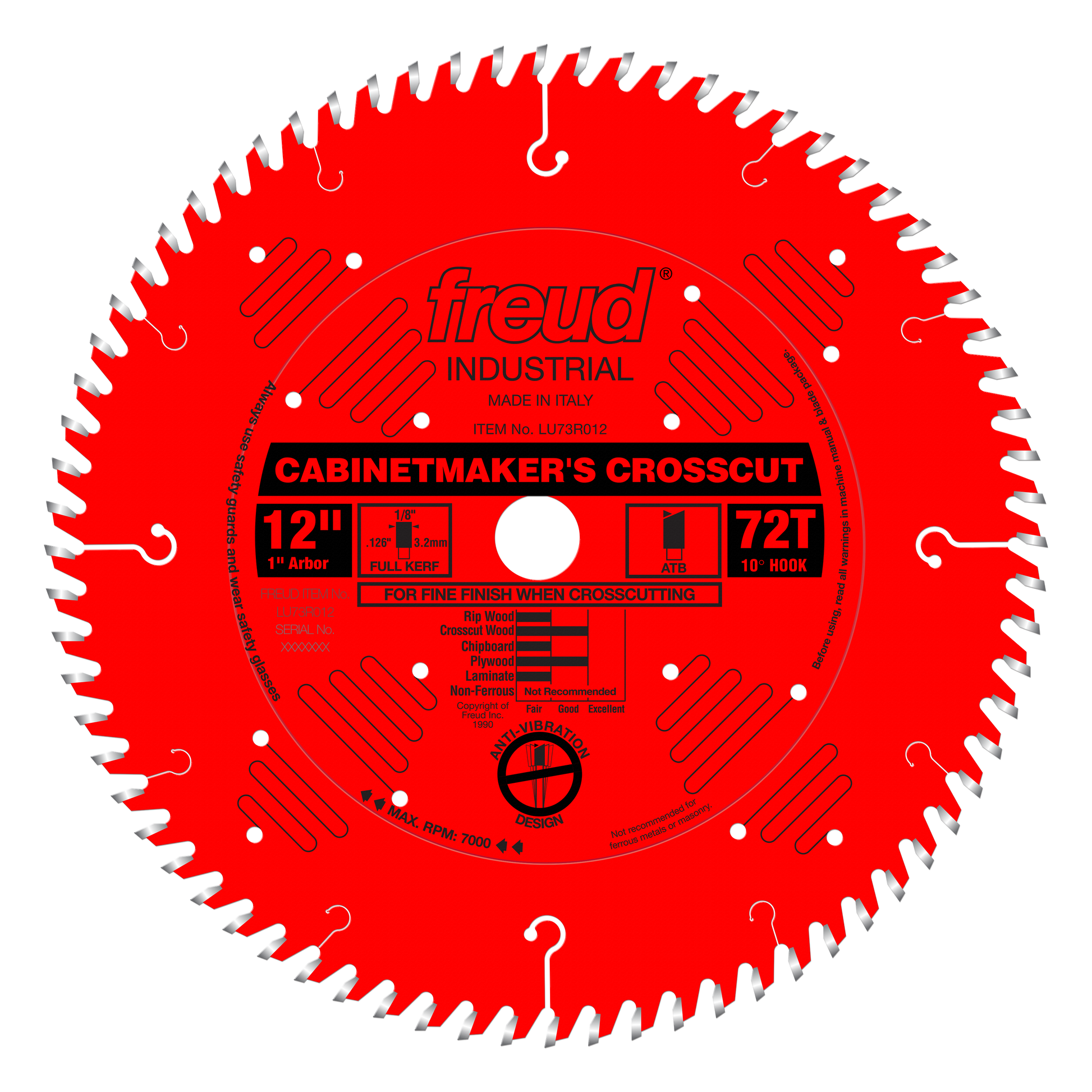 Red circular saw blade with 72 teeth, white cutting edges, and Freud branding on center hub.