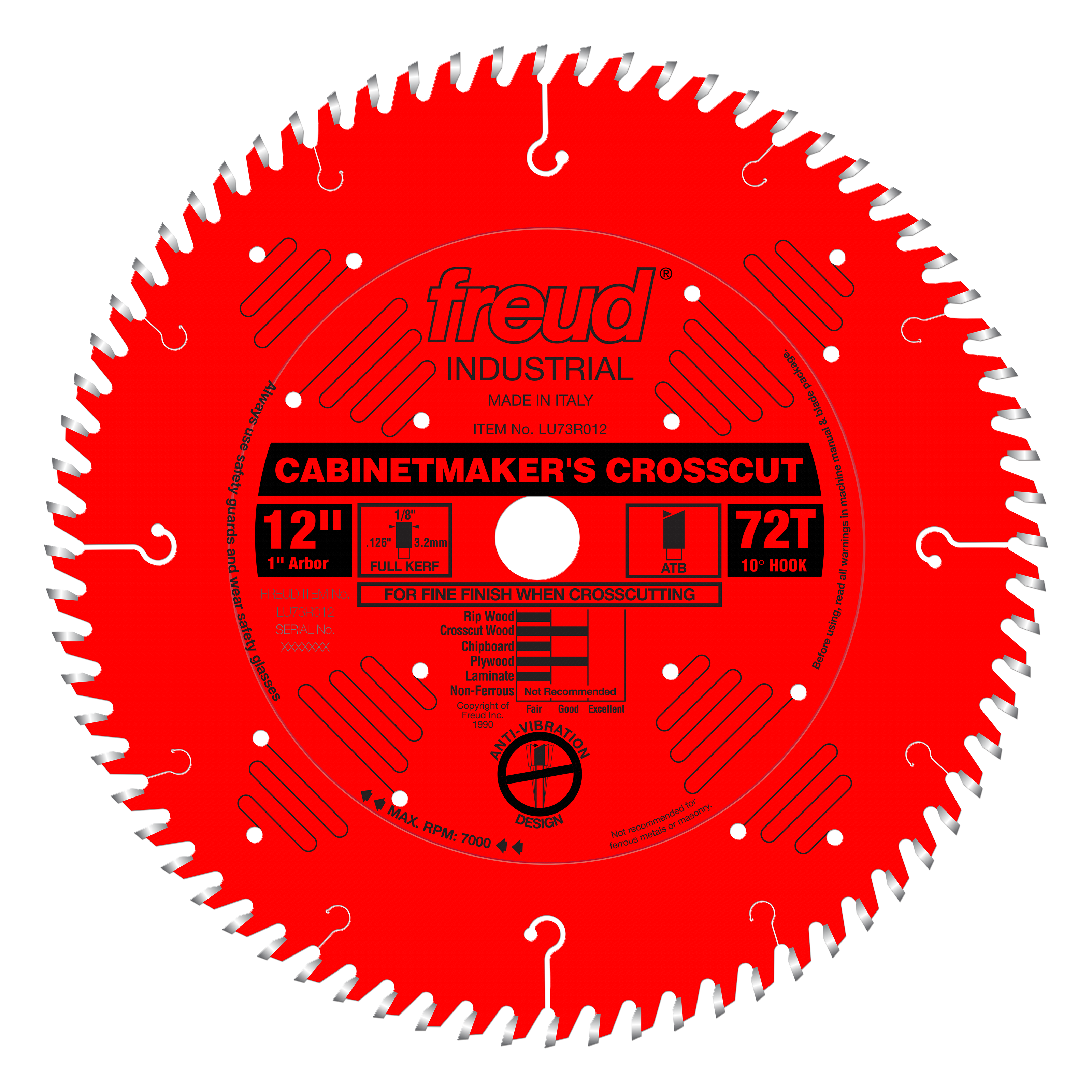 Red circular saw blade with 72 teeth, white cutting edges, and Freud branding on center hub.