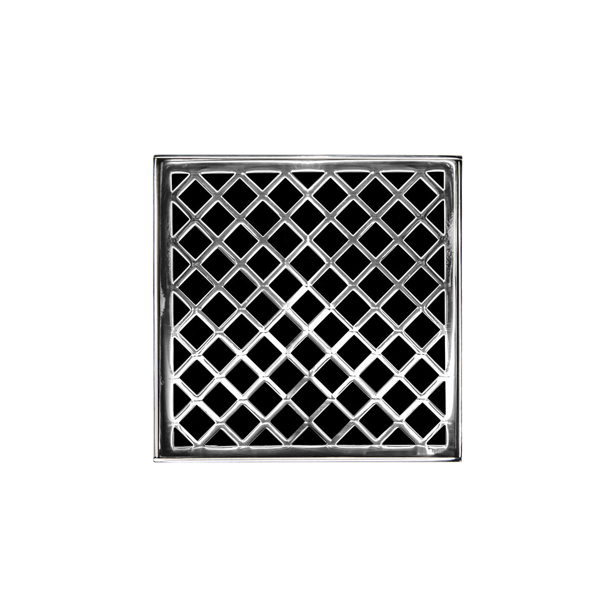 Polished stainless steel square drain grate with diamond lattice pattern and center drain opening.