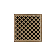 Square satin bronze drain cover with diagonal lattice pattern and center opening.