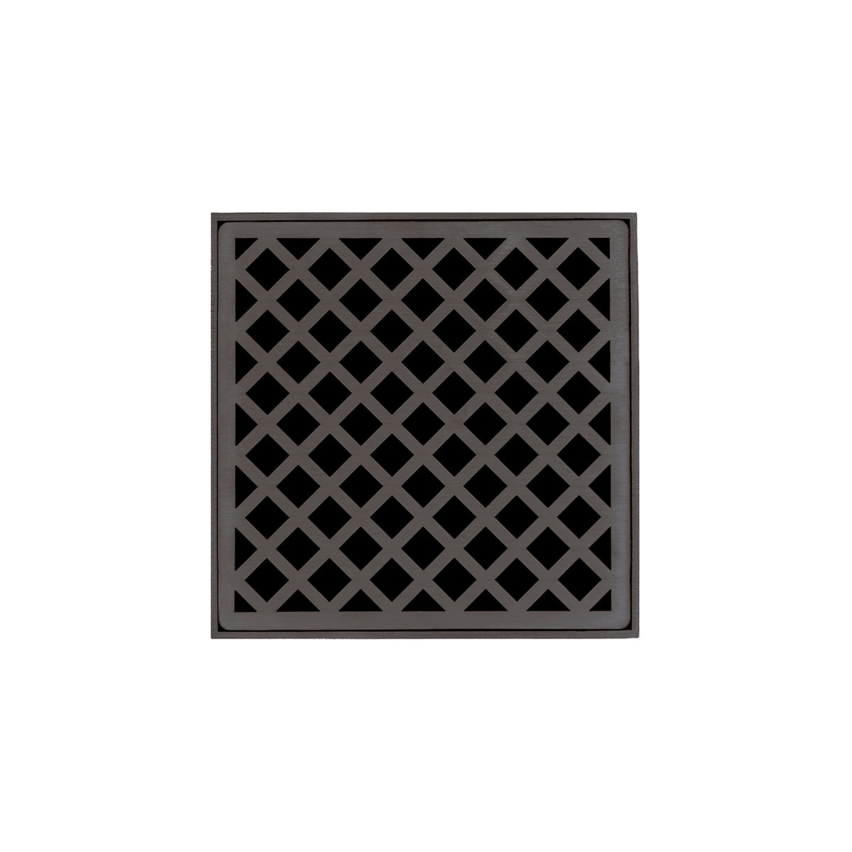 Oil rubbed bronze square drain grate with diagonal lattice pattern.