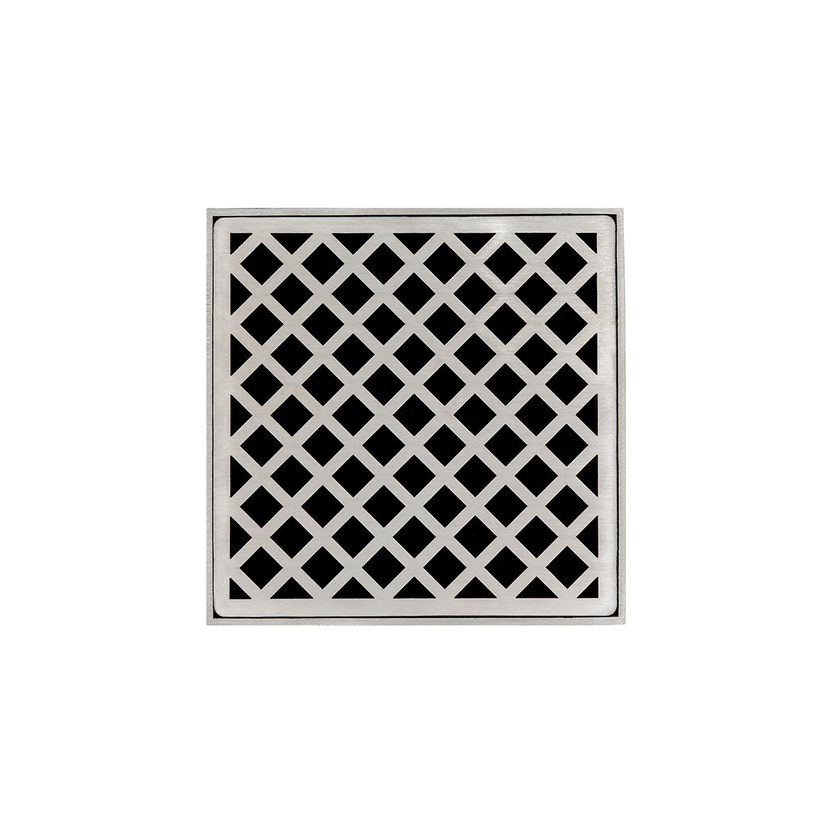 Square satin stainless steel drain grate with diagonal diamond pattern cutouts.