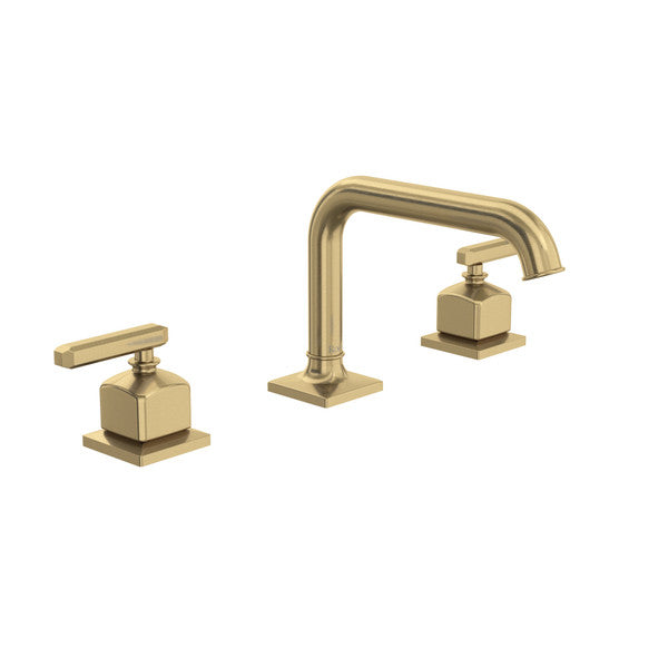 Antique gold three-piece widespread lavatory faucet with U-shaped spout and lever handles on square bases.