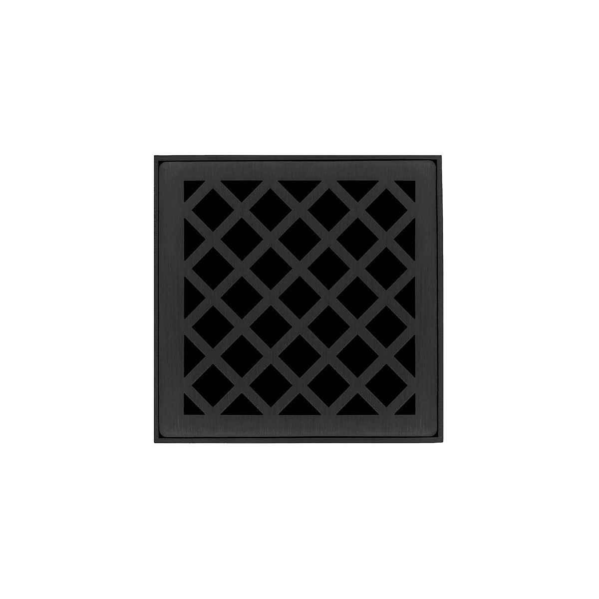 Matte black square drain cover with diagonal lattice pattern design.