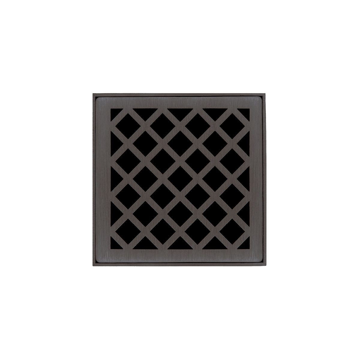Oil rubbed bronze square drain cover with cross-hatch diamond pattern and brushed metal finish.