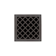 Square oil rubbed bronze drain cover with diagonal lattice pattern and center opening.