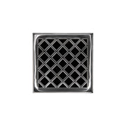 Square polished stainless steel drain grate with geometric diamond pattern, 4" x 4" center drain.
