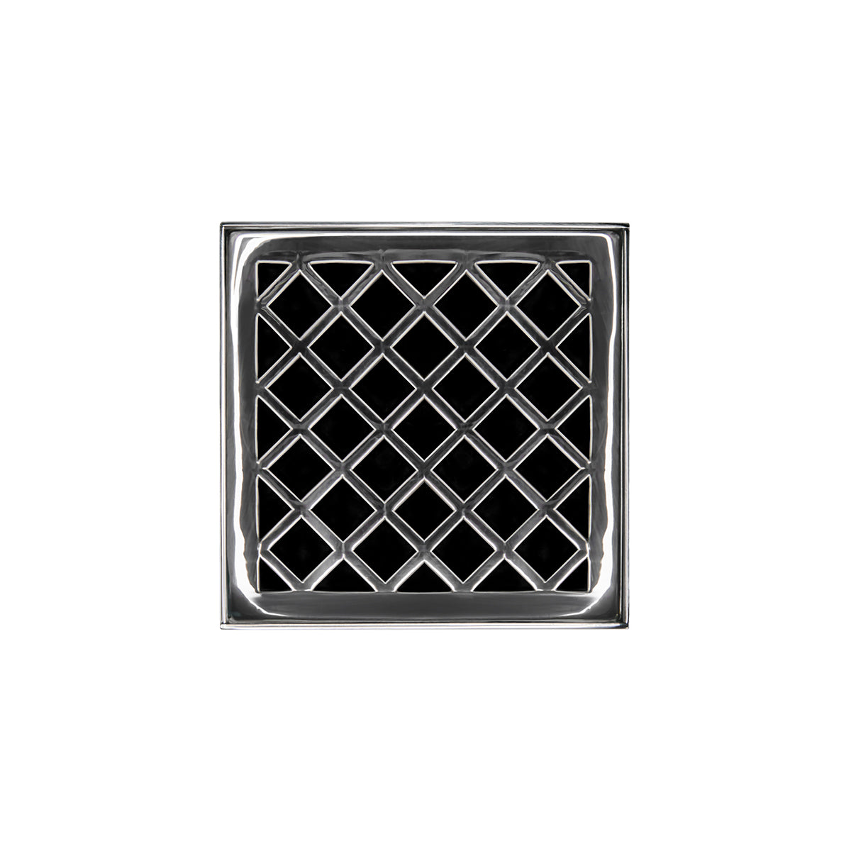 Square polished stainless steel drain grate with diamond lattice pattern and center opening.