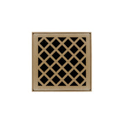 Satin bronze square drain cover with diagonal lattice pattern and center opening.