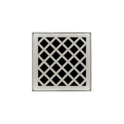 Square satin stainless steel drain grate with diamond lattice pattern and center opening.