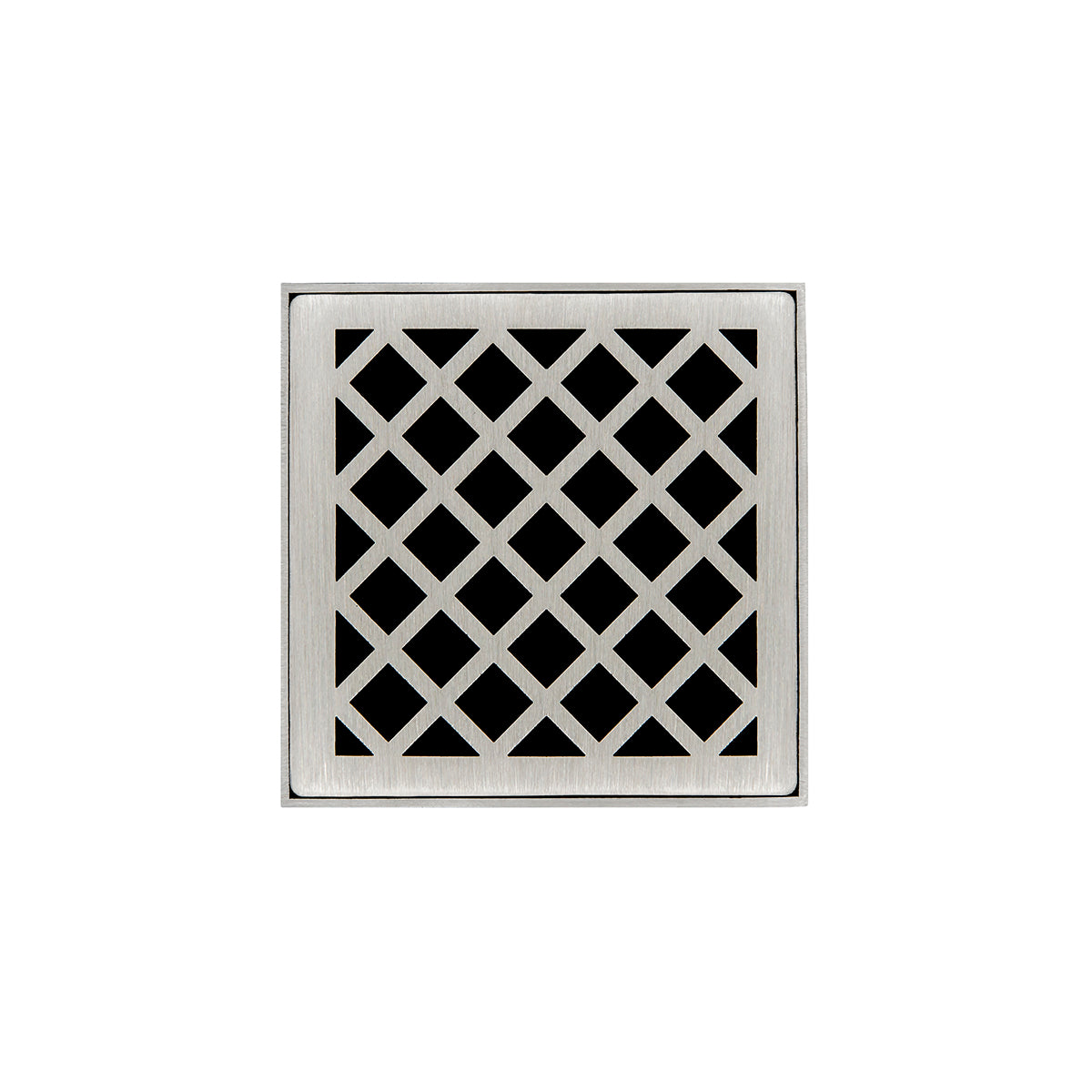 Square satin stainless steel drain cover with diagonal lattice pattern and center drain opening.