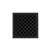 Matte black square drain grate with diamond lattice pattern and center drain opening.