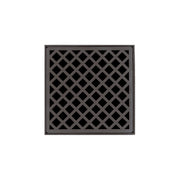Oil rubbed bronze square drain grate with diagonal lattice pattern design.