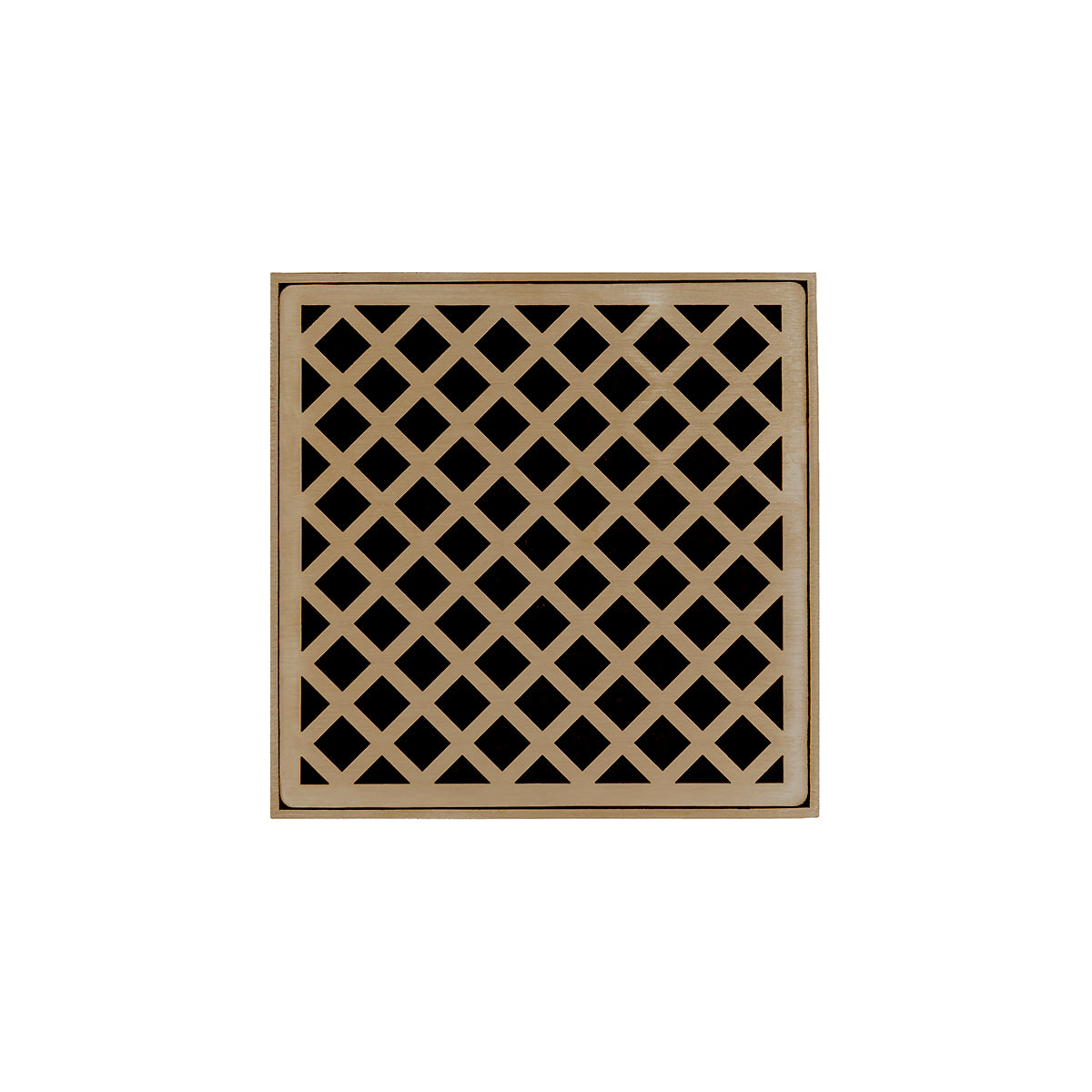 Satin bronze square drain cover with diamond lattice pattern and center drain opening.