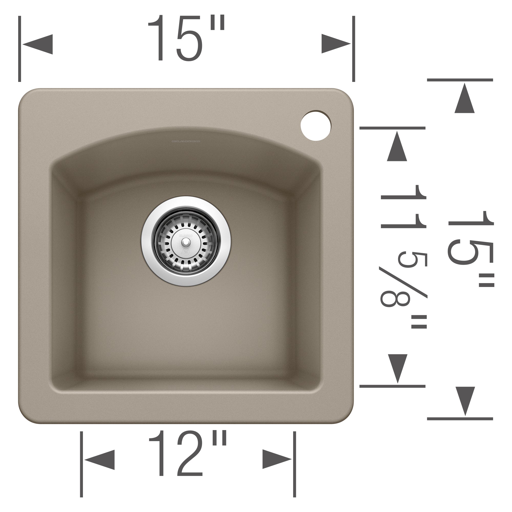 Truffle-colored composite bar sink with single basin, drain strainer, and dimension measurements showing 15" width and 12" de