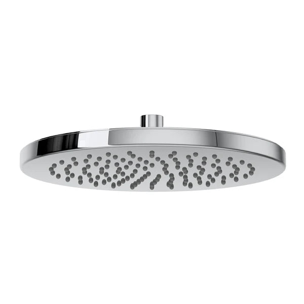 Polished chrome round rain shower head with multiple spray holes and center inlet connection.