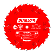 Red circular saw blade with 24 teeth, Diablo branding, labeled for ripping and table saws, 10 inch diameter.