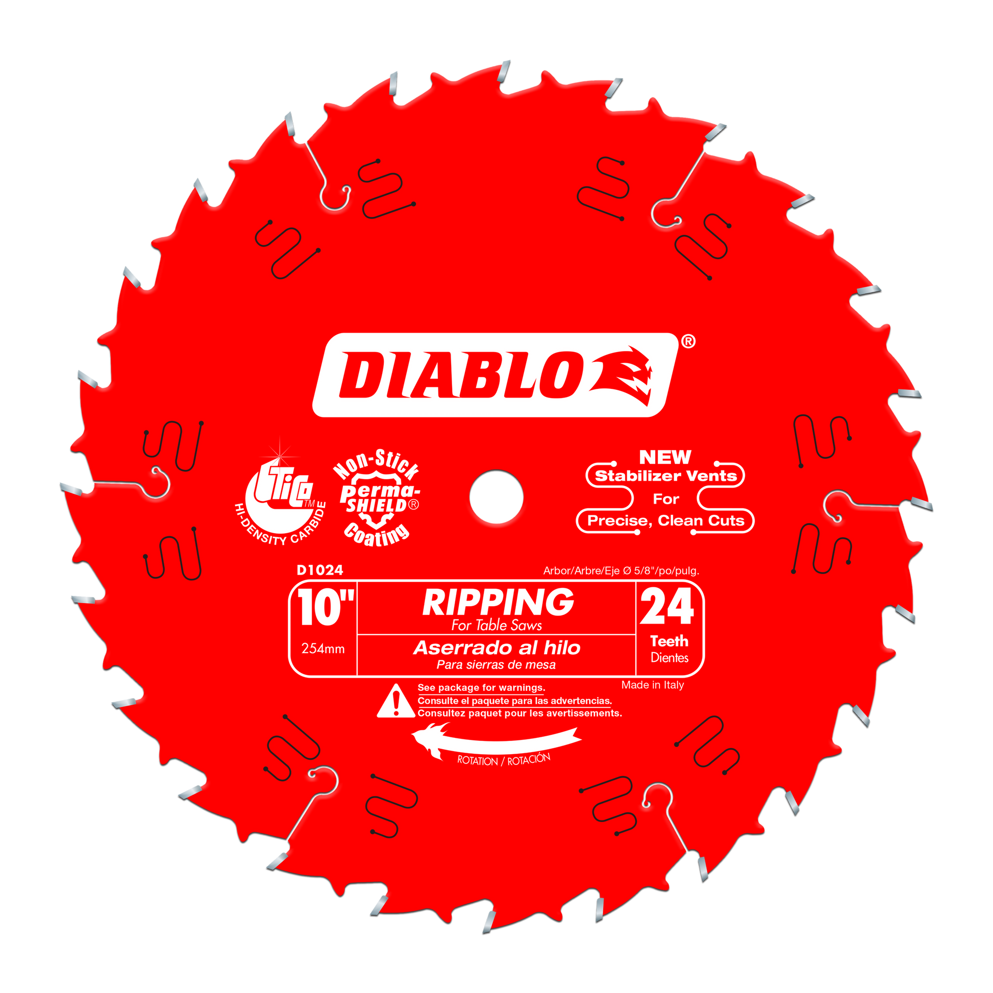 Red circular saw blade with 24 teeth, Diablo branding, labeled for ripping and table saws, 10 inch diameter.