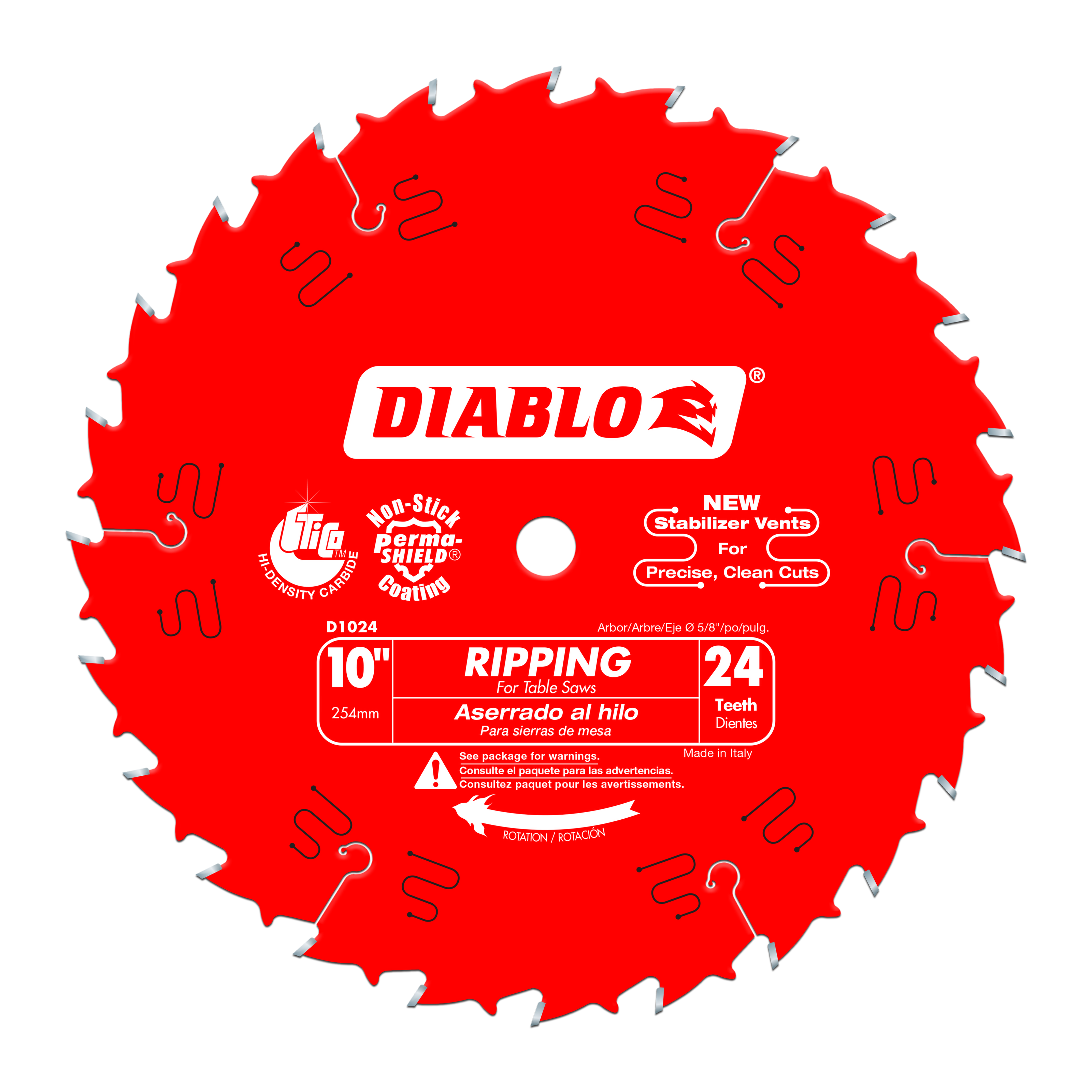 Red circular saw blade with 24 teeth, Diablo branding, labeled for ripping and table saws, 10 inch diameter.